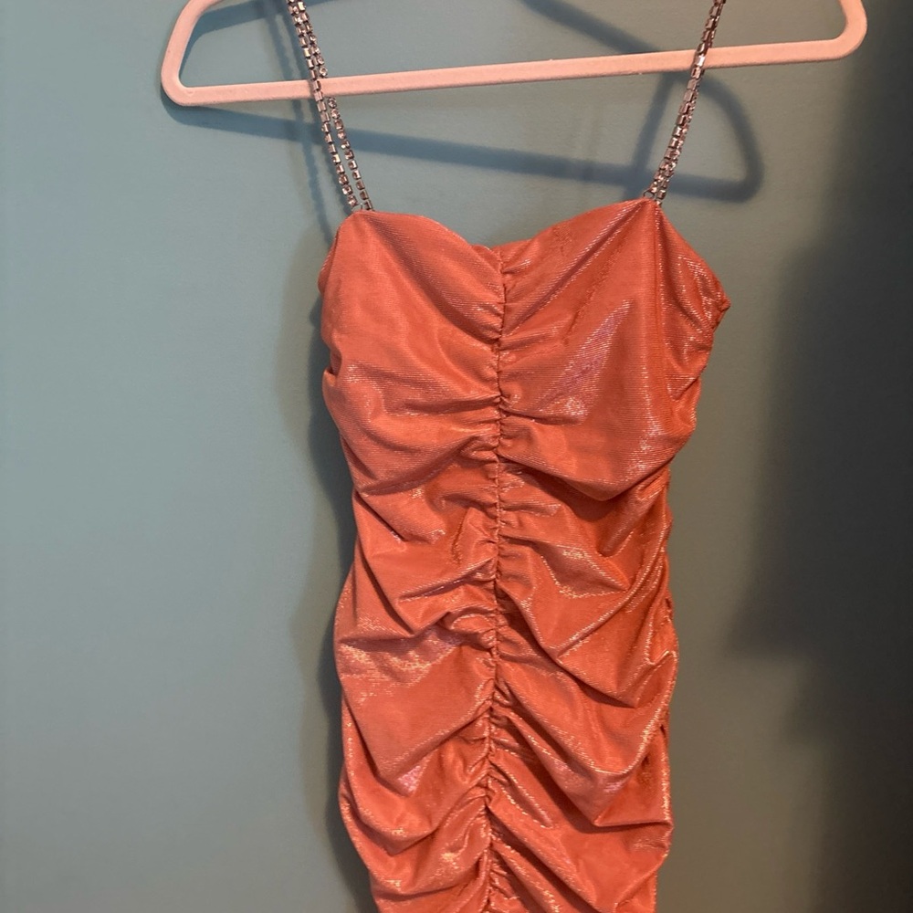 AREA Shimmer Ruched Mini Dress in Coral